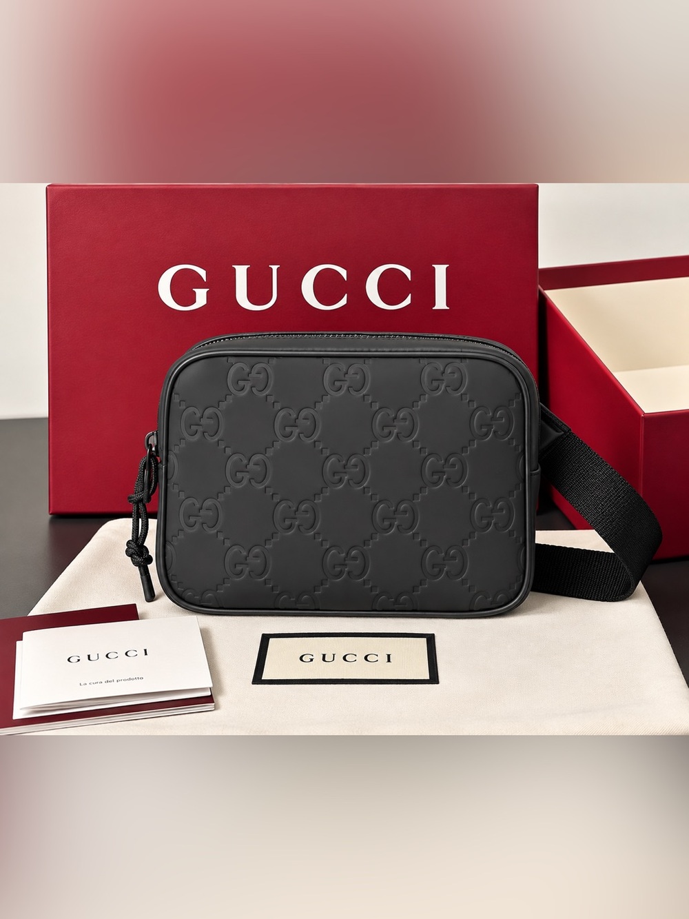 NWT Gucci Black Embossed GG messenger bag